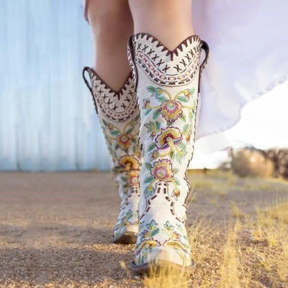 

Women White Embroidered Floral Boots