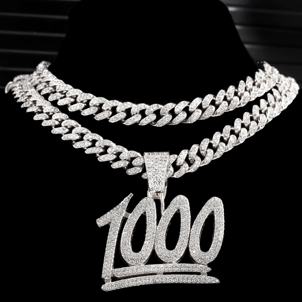 

Full Crystal 1000 Number Pendant Hip Hop Grunge Necklaces Jewelry Gold Plated Miami Cuban Link Chain Iced Out Necklace For Men, Gold sliver color