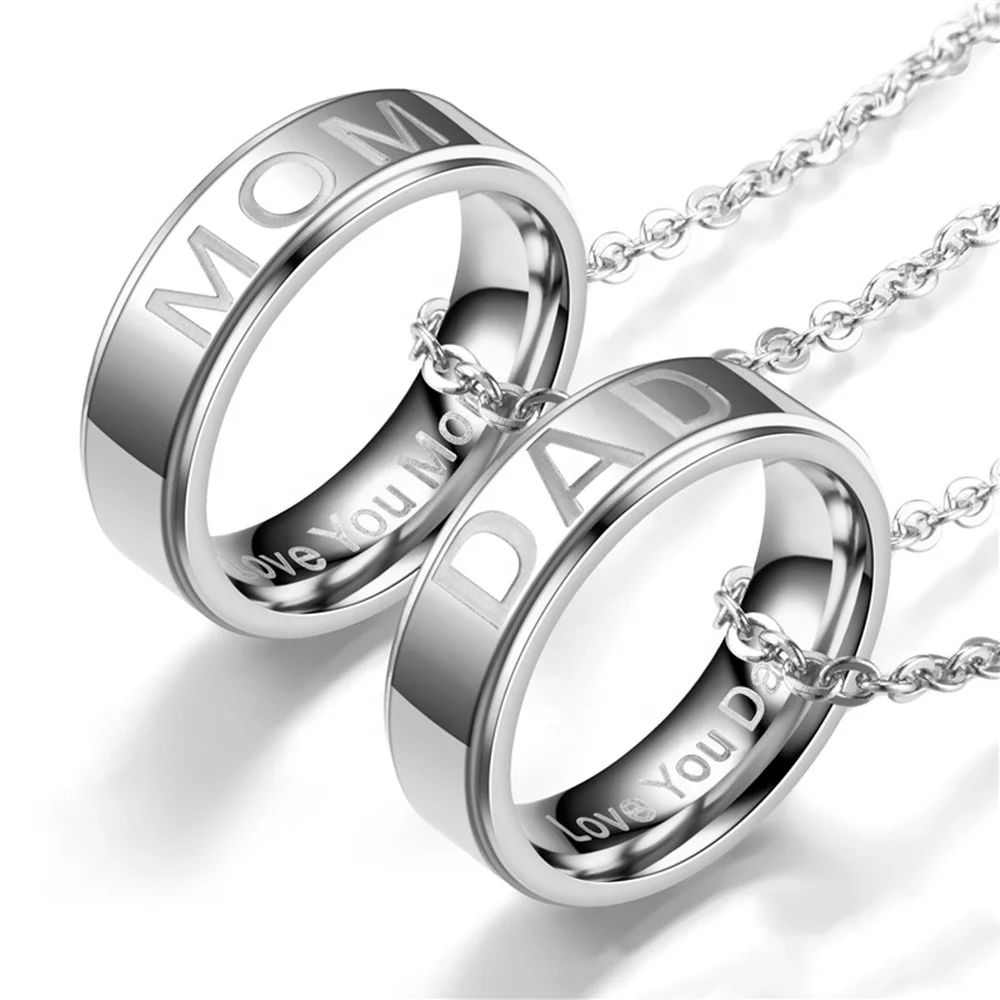 

Hot Sale European Hot Sale Love You Dad Mom Father'S Day Gift Stainless Steel Necklace Fashion Couple Pendant Necklace and rings
