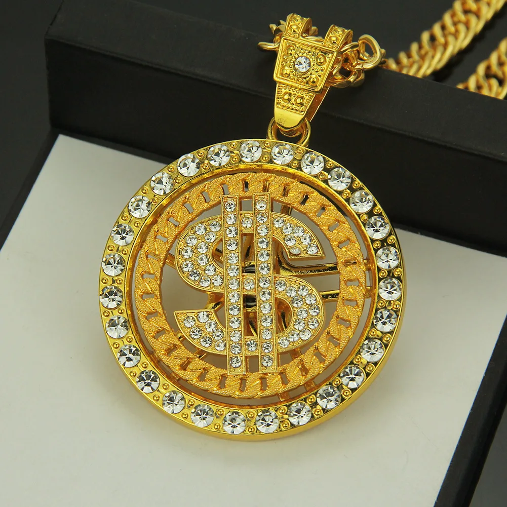

Explosive Hip Hop Personality Necklace Jewelry Nightclub Diamond Studded Dollar Turning Round Pendant Necklace