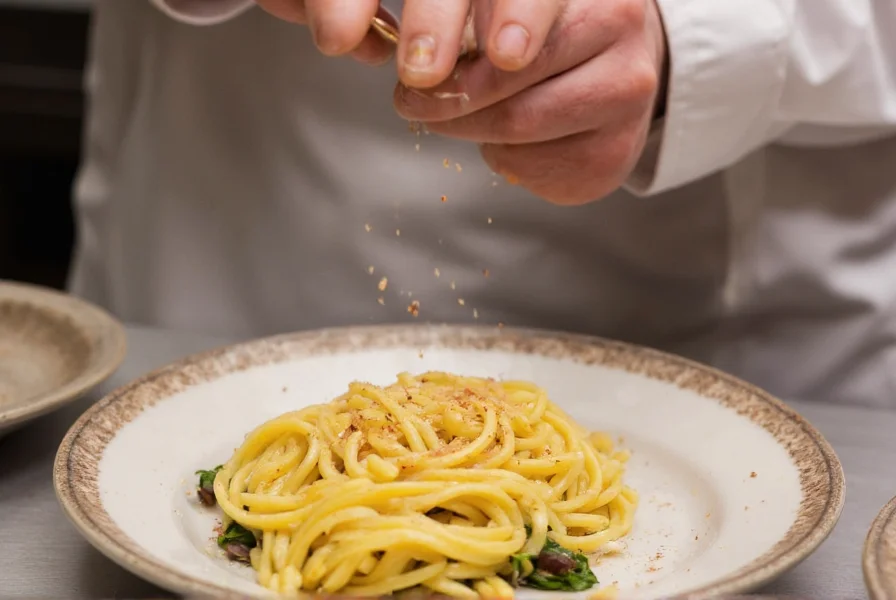 Chef sprinkling crushed pepper flakes over finished pasta dish