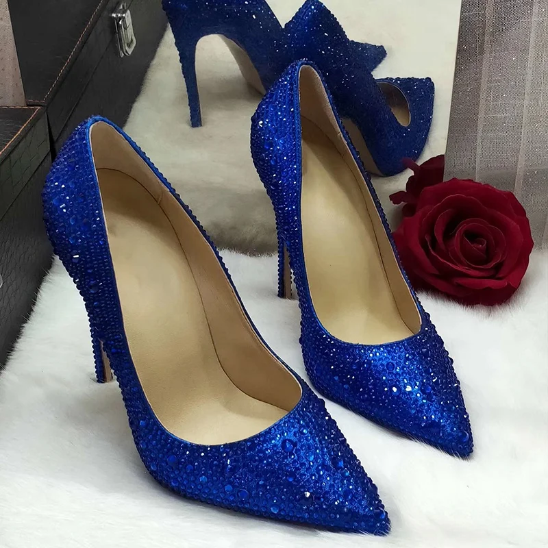 

High Quality Blue Crystal Diamond Heels Wedding Women Shoes Luxury Crystal Party Shoes