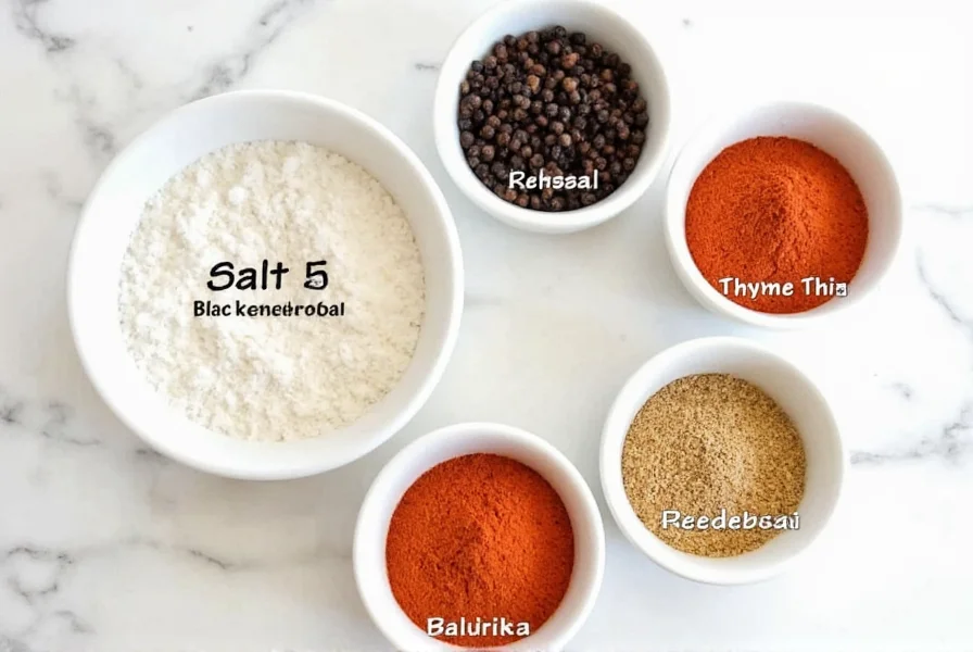 Traditional sausage seasoning ingredients arranged in small bowls: salt, black peppercorns, garlic powder, paprika, and curing salt