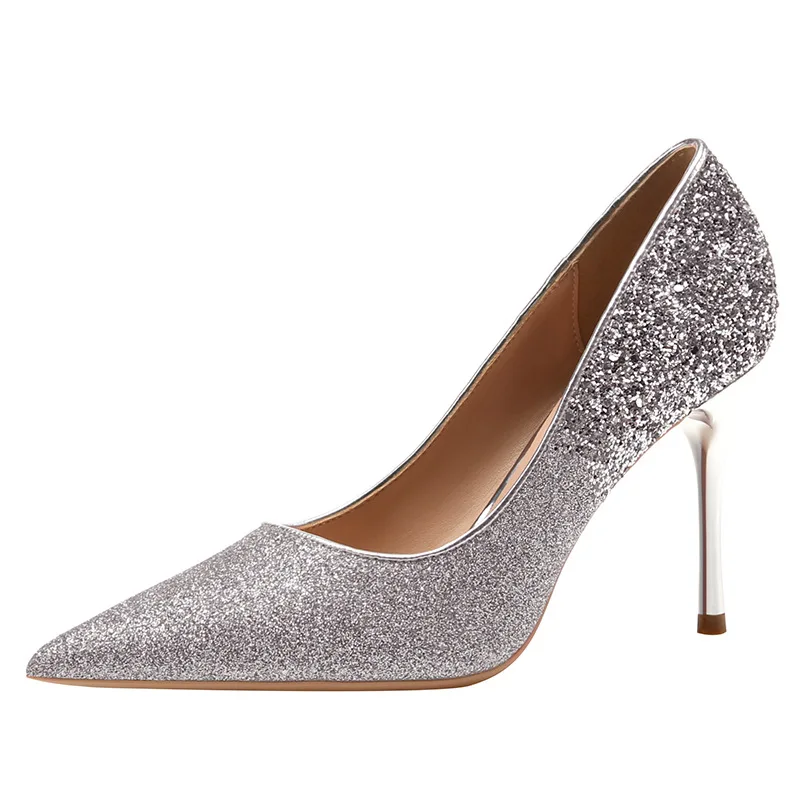 

Large size sequined high heels women stiletto bridal wedding shoes pointed toe shallow mouth 31-34 small size single shoes, Picture