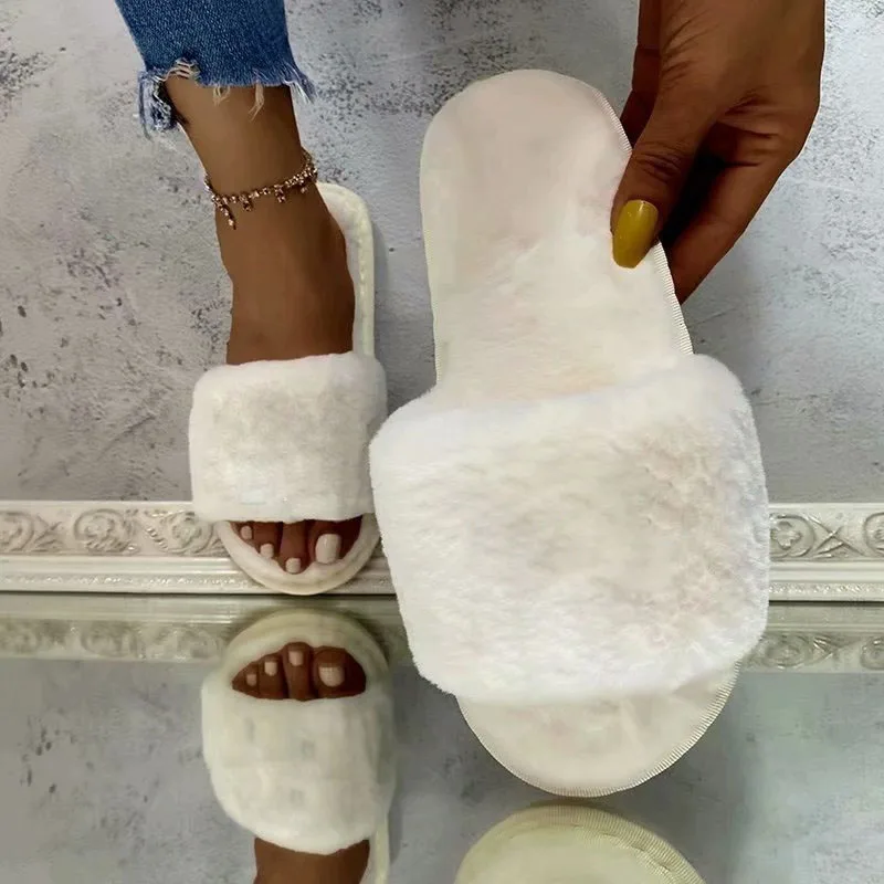 

2021 bulk flat fur slipper famous brand designer white fur slippers shoes women's bed slippers, Customized color