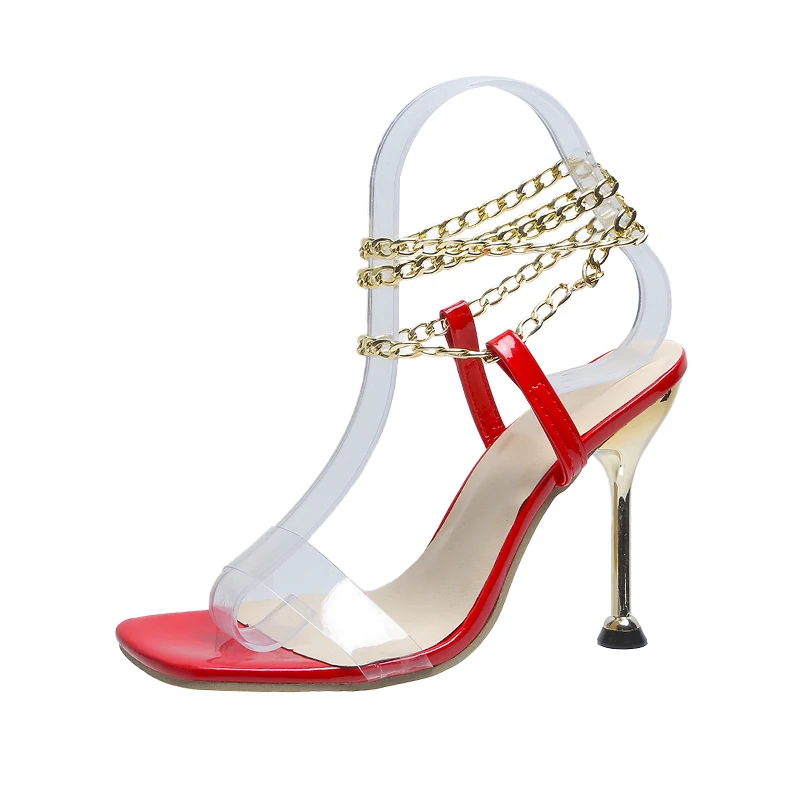 

Super high heel metal thin heel square head gold chain Roman sandal high heel sandal 2021, Customized color