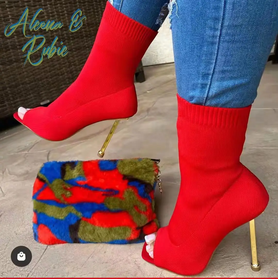 

Square head 2022 winter and spring ladies heels sandals luxury Stretch Fabric women ankle boots, Red,blue