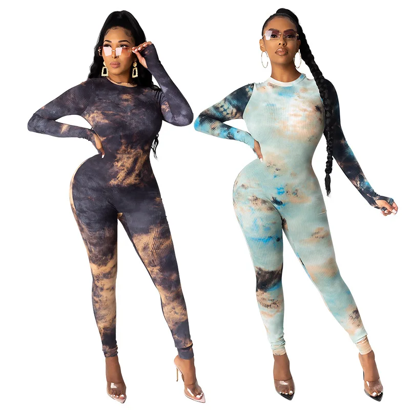

Women's Knitted Printed tie-dyed Jumpsuit One Piece Full sleeve Fall Clothes Romper Overall Bodycon fitness jumpsuit, Gray black red pink