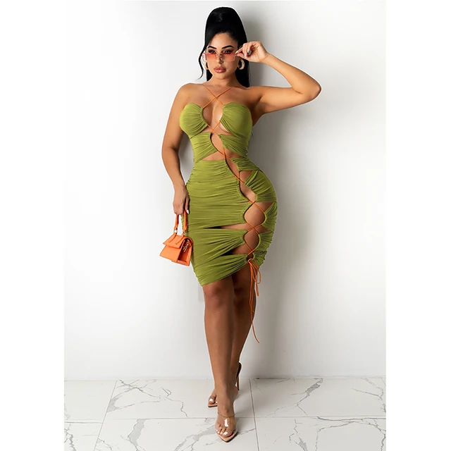 

2021 Summer Seductive Hollow Out Tie-Wrap Solid Sleeveless Dress fashion solid color buttock dress Sexy Club Dresses, Green,black,blue