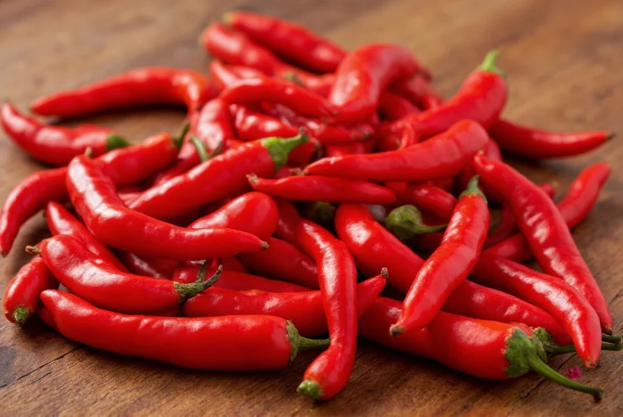 Close-up view of traditional ajvarski peppers showing their distinctive curved shape and deep red color on a wooden table