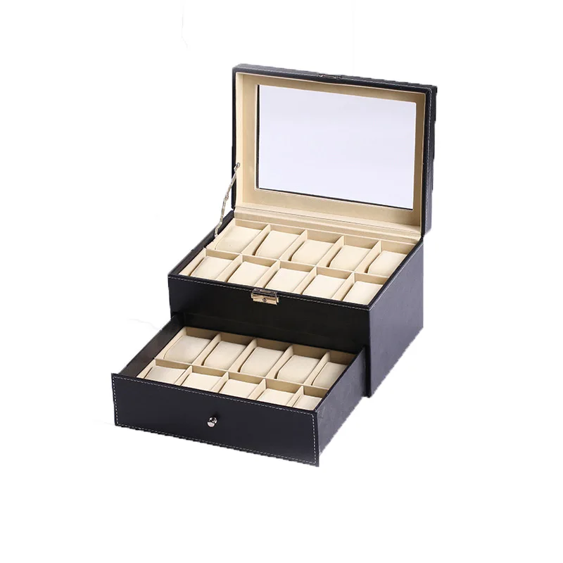 

Wholesale Display Window 2 Layers 20 Slots Large Capacity Black Leather Luxury Watch Box Storage Packaging Box For Men Watch