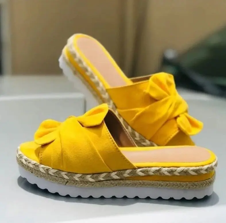 

Factory direct selling summer popular thick bottom straw plaited muffin fish mouth bow toe set women's shoes, Yellow,white,red ,brown