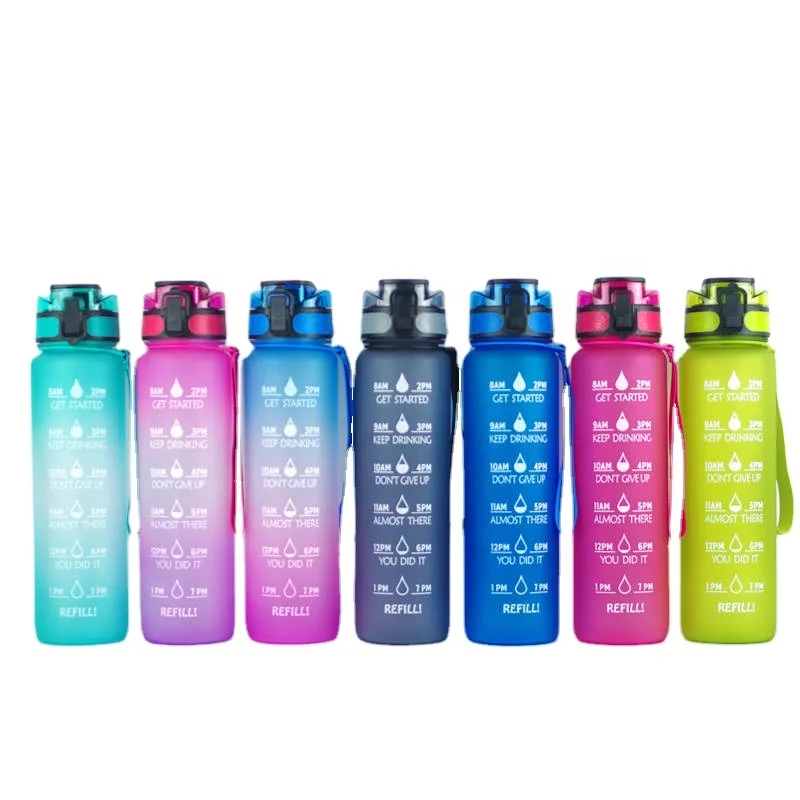 

1000ml/1 liter plastic sport tritan water bottles with motivational time marker, Gradient color pink/blue/green