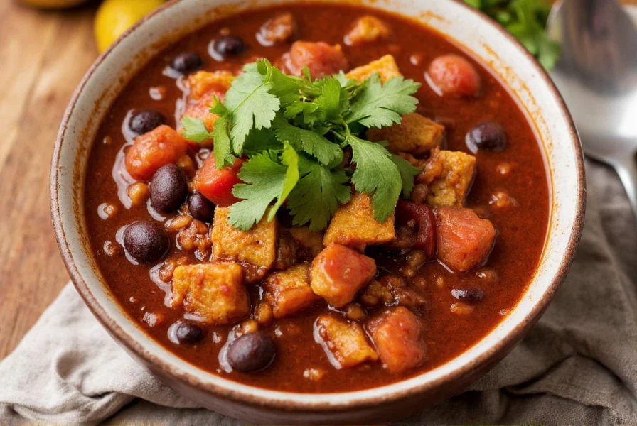 Bowl of rich vegetarian chili with visible tofu crumbles, black beans, and diced tomatoes topped with fresh cilantro
