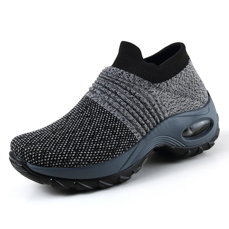 

Wholesale Breathable Sock Upper And Light Weight PU Sole Air Cushion Women Casual Shoes Sneakers, Black, white, grey, purple, black white, black grey