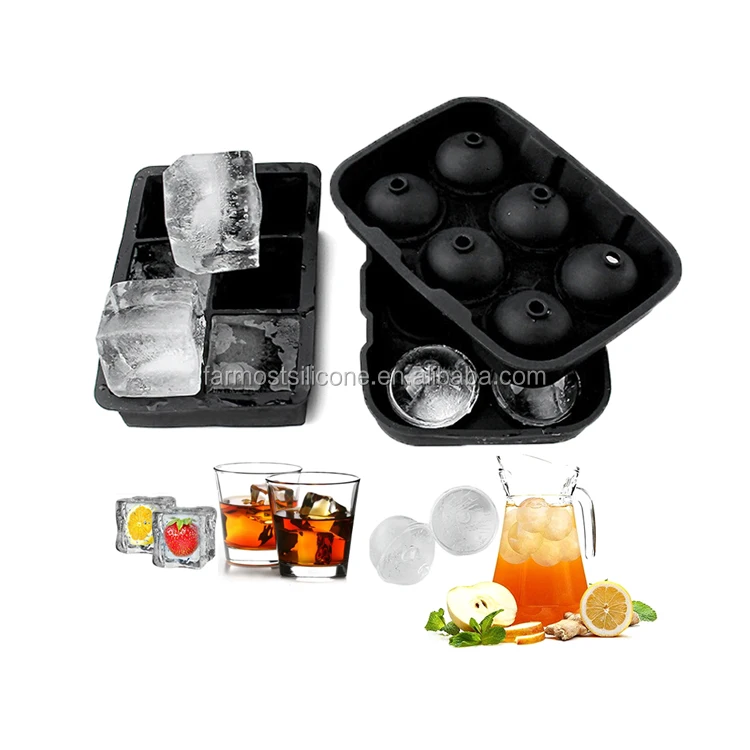 

Reusable BPA Free Silicone Ice Cube Tray Set of 2 Sphere Ice Ball Maker Large Square Moulds, Black