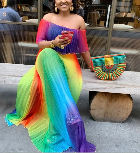 

Sexy Elegant Rainbow Color Off Shoulder Pleated Lady Casual Dresses, Colorful