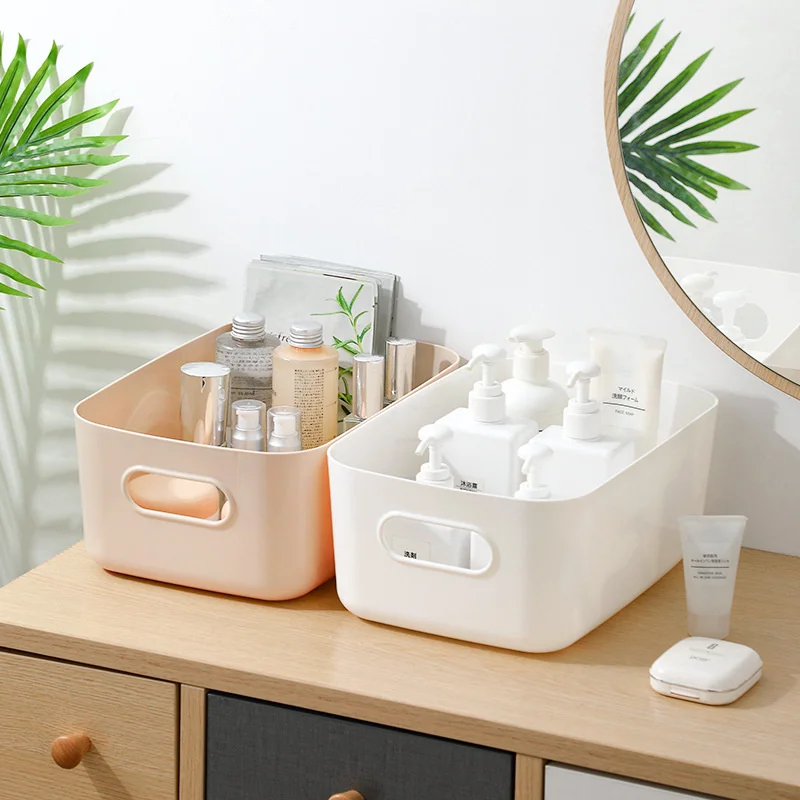 

High Quality Desktop Cosmetic Storage Basket Sundries Storage Bin With Handle Plastic Snack Household Kitchen Storage Box