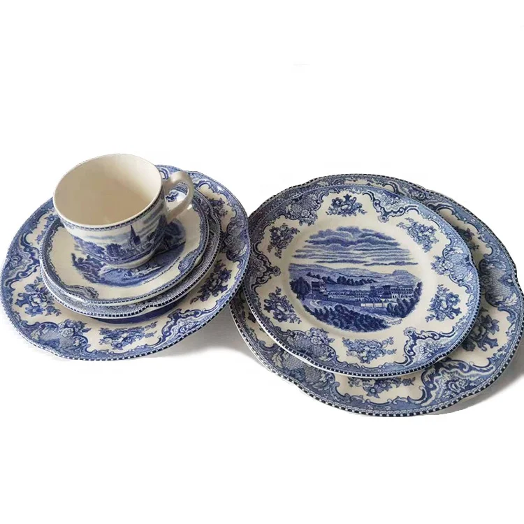 

Classic Good Quality European Blue Castle Series Ceramic Coffee Cup Saucer Dessert Plate Dinner Plate