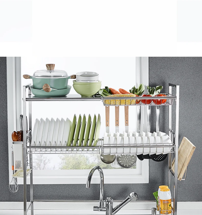 

New & improved metal 2 tiers rustless drain storage rack draining plate rack for kitchen, Silver