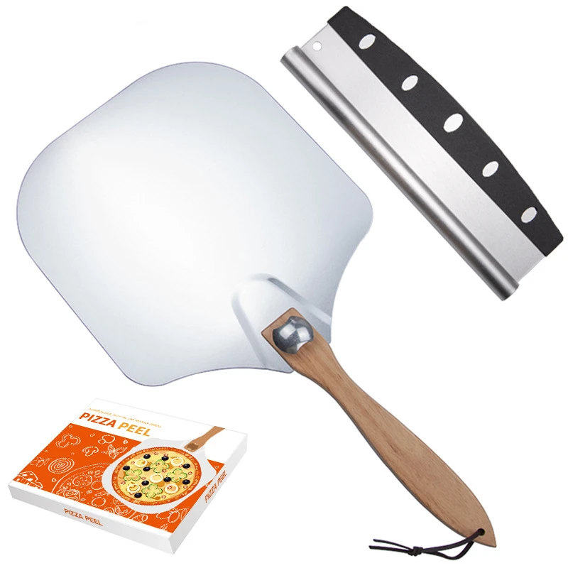 

14 Inch Round Foldable Metal Steel Turning Shovel Non Stick Aluminum Pizza Peel Set with Perforated Wooden Handle, Silver