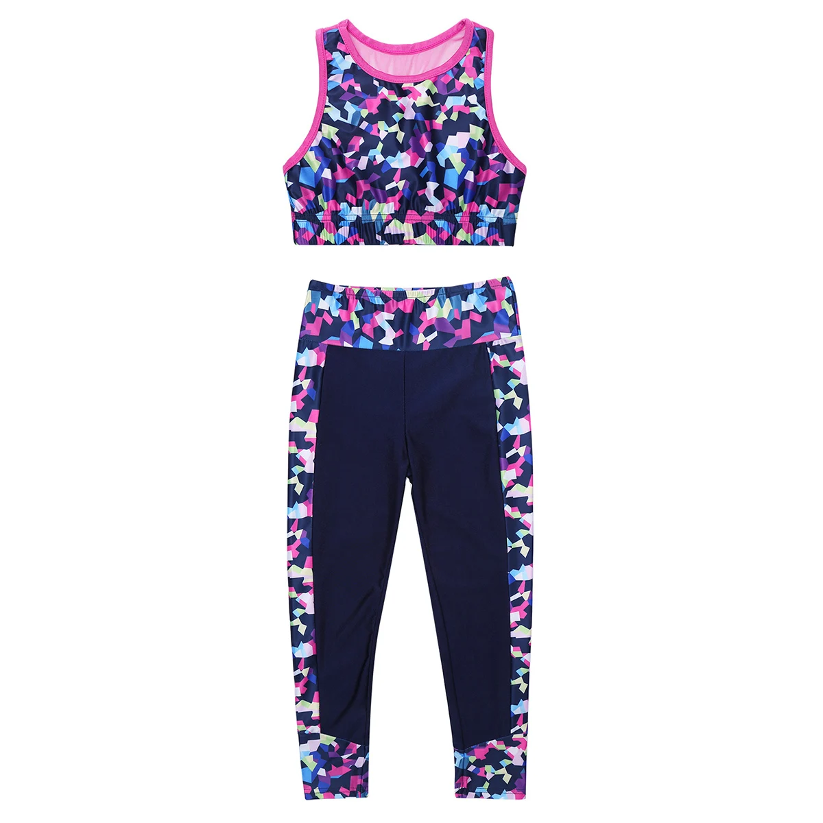 

iEFiEL Kids Girls Child Print Sleeveless Mesh Racer Back Tanks Crop Top with Leggings Dance Sets Gymnastics Dancewear Outfit