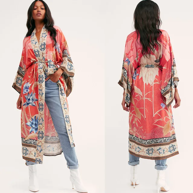 

Oversize Beach Cover Up Vintage Print Floral Holiday Boho Loose Long Cardigan 2021 Coat, Red