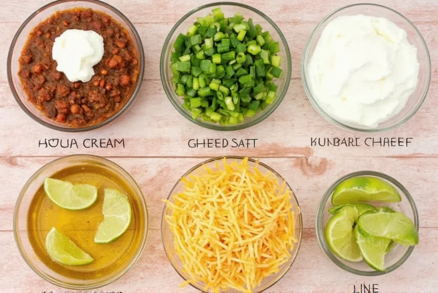 Colorful array of chili toppings including sour cream, shredded cheese, green onions, and lime wedges
