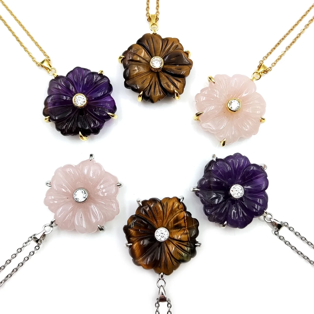 

Natural Wholesale Trendy Creative hand carve gemstone flower 7 petals Personalized Dainty Dangle pendant necklace for women, Multi necklace