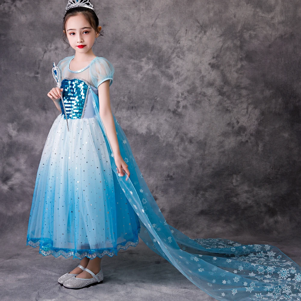 

Hot Selling Princess Frock Baby Girl Anna Elsa Halloween Cosplay Party Wear Long Dress