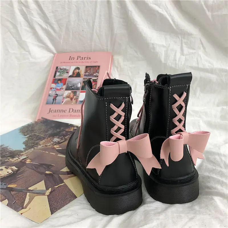 

Women's Shoes Ankle Boots Bow Casual Black Flats Platforms Kawaii Lolita Pink Fashion 2021 Spring Autumn Harajuku, Pink,black