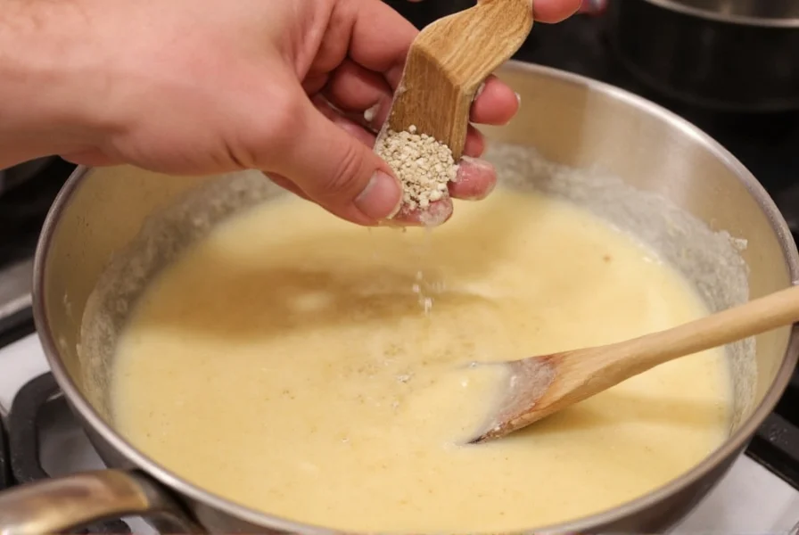 Chef's hand measuring white pepper into a creamy sauce with wooden spoon