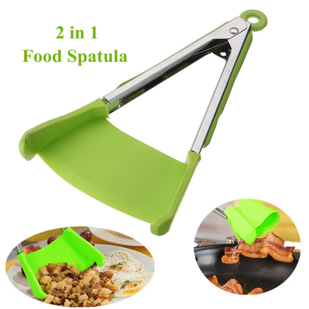 Amoyer 2 in 1 Clever Kitchen Spatula and Tongs Non-Stick Heat Resistant Stainless Steel Frame Silicone Tongs Kitchen Gadget Random Color 