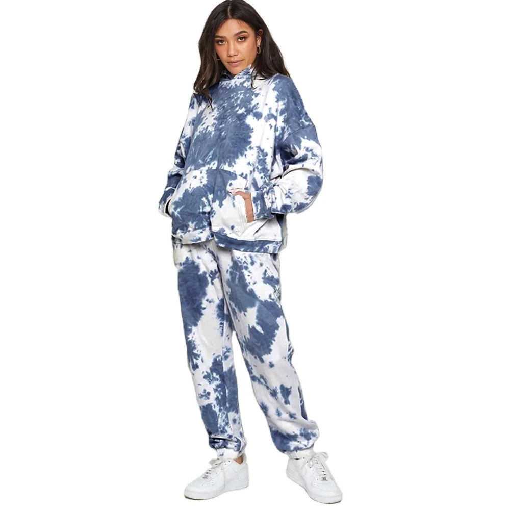 

2020 Wholesale WInter TIe Dye Casual Slim Hoodie Jogger Pants Set Long Sleeve Women Two Piece Set, Blue