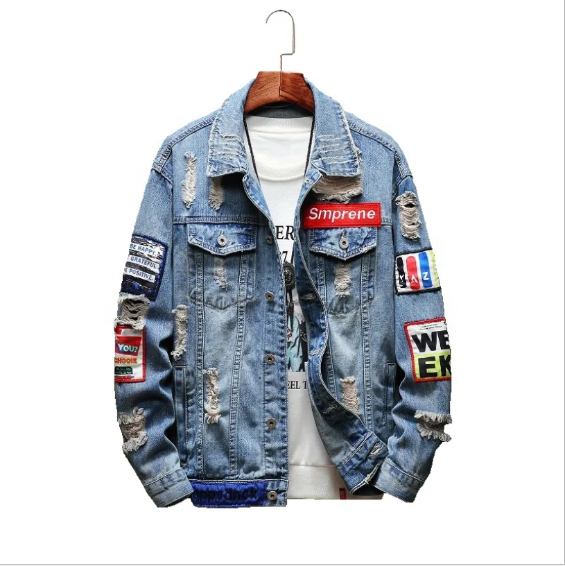 

2 color options classic RTS hip hop design streetwear ripped patch embroidery punk jean clothing tops casual jacket denim men, Customized color