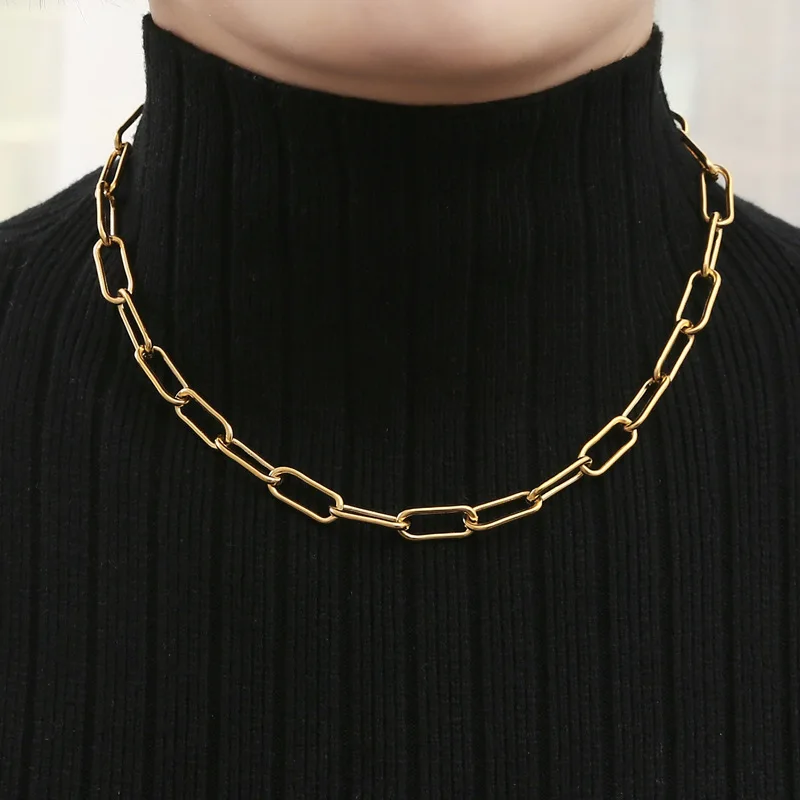 

New Fashion Minimalist 18K Gold Plated Silver Black Stainless Steel Link Chain Necklace For Women Trendy Jewelry, Silver, gold, black