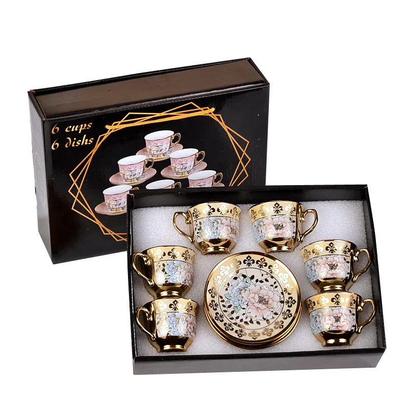 

12PCS Cups and Saucers Set Roses Printed Arabian Coffee Set Porcelain Wholesale Arabic Coffee Set Luxury Gold Electroplated