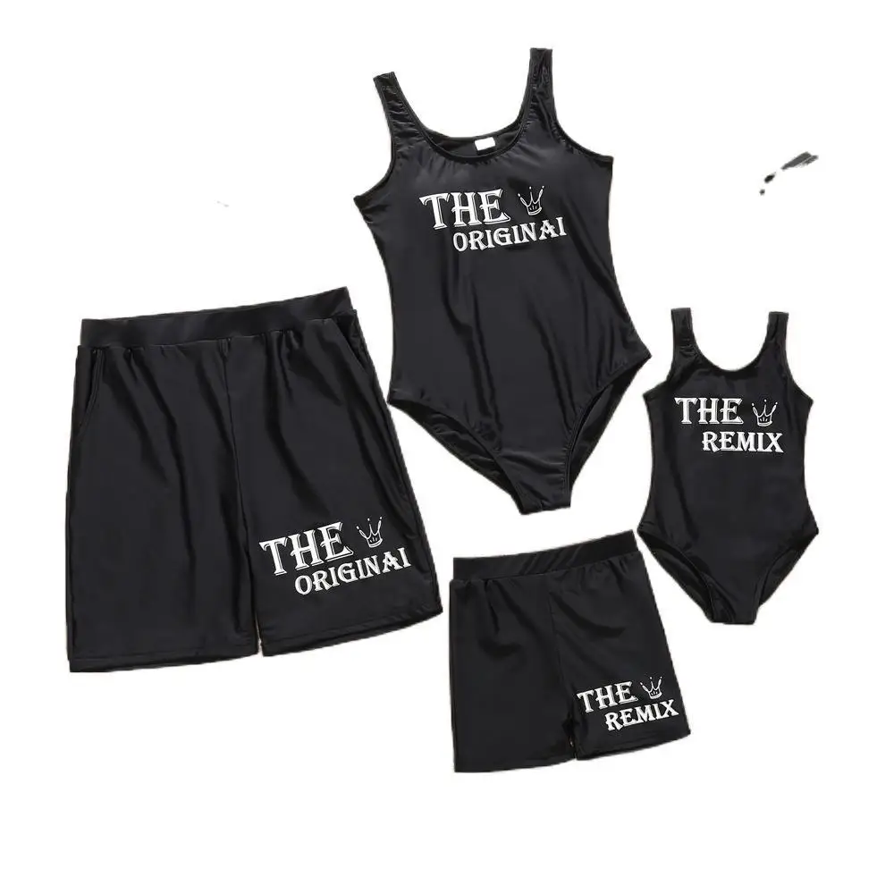 

Family Swimwear Mommy Daddy and Me Matching Swimsuit Mother Daughter Bath Suit Father Son Swim Trunks Beach Clothes Outfits Look, Black
