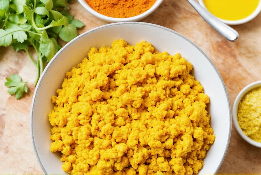 Chef blooming turmeric in a skillet with oil and spices