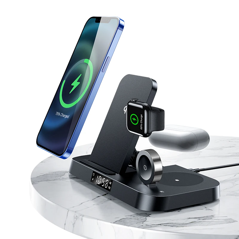 

New Arrivals For Iphone 15W Fast Charging Stand With Led Qi 3 In 1 Alarm Clock Wireless Charger