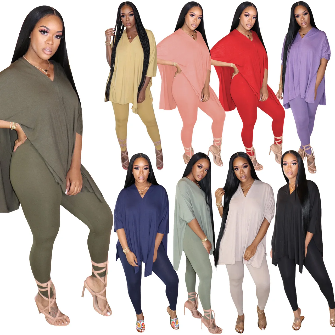 

2021 solid color women's seamless two-piece sewn V-neck elegant casual foreign trade African large size women's clothing