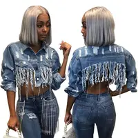 

11600NA Best Seller Stylish Ripped Distressed Tassel Crop Denim Jean Coat Womens Fashion Boutique Clothing
