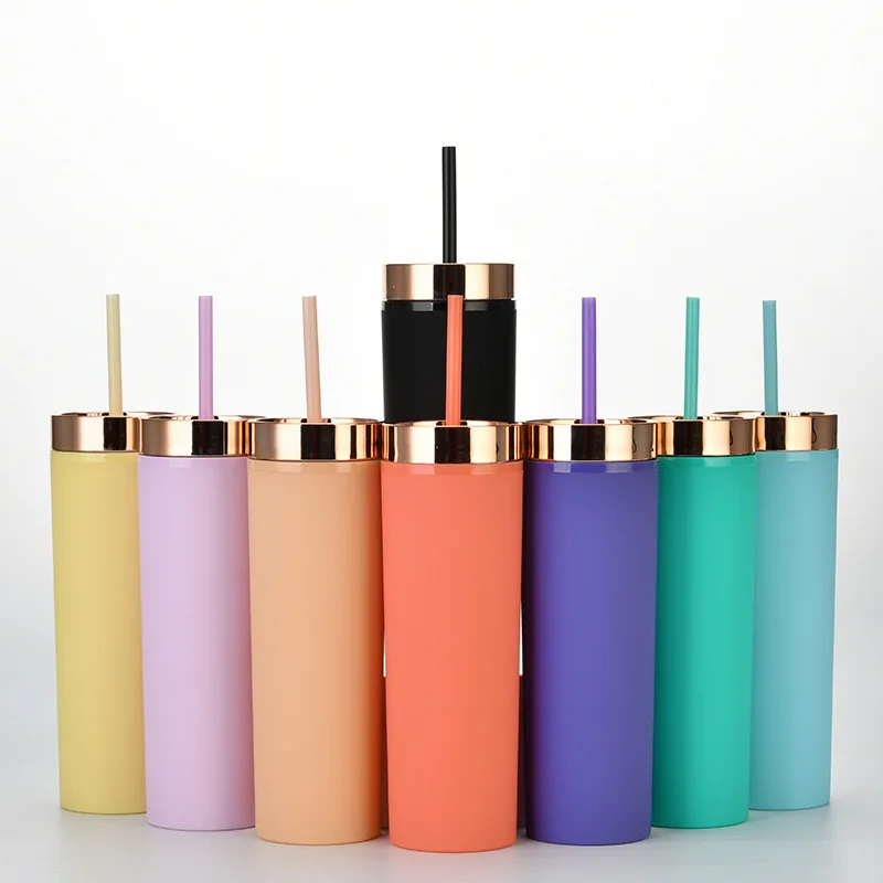 

Wholesale Double Wall 16 oz Skinny Plastic Tumbler Cups With Lid And Straws