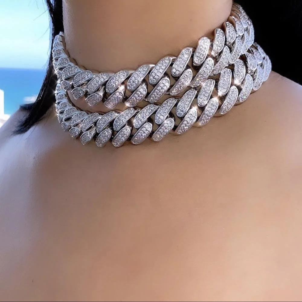 

18mm 15" 16" iced out bling cz Miami cuban link chain choker necklace women hip hop jewelry, Customized
