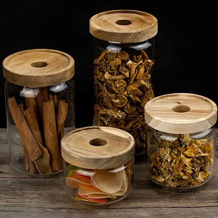 

Empty Clean And Fashion Glass Jar Borosilicate Storage Glass Jars With Acacia Wooden Lids, Clear