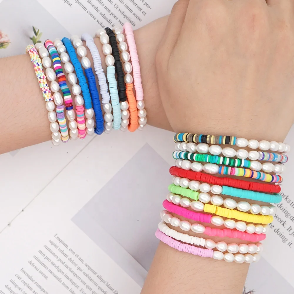 

Colorful Bohemian Fresh water Bracelet Pearl Vinyl Disc Beads Bracelets Heishi Beads Bracelets, Customized color