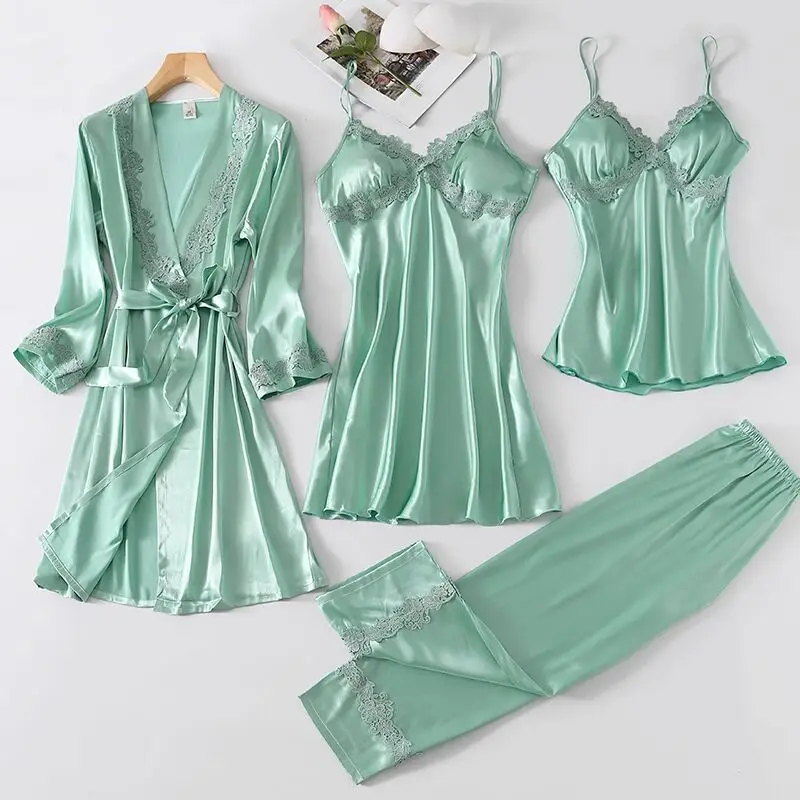 

Drop shipping high quality Satin Print four Piece sets sexy sleep wear women pajama silk for women set, Pink ,blue,black,durk blue