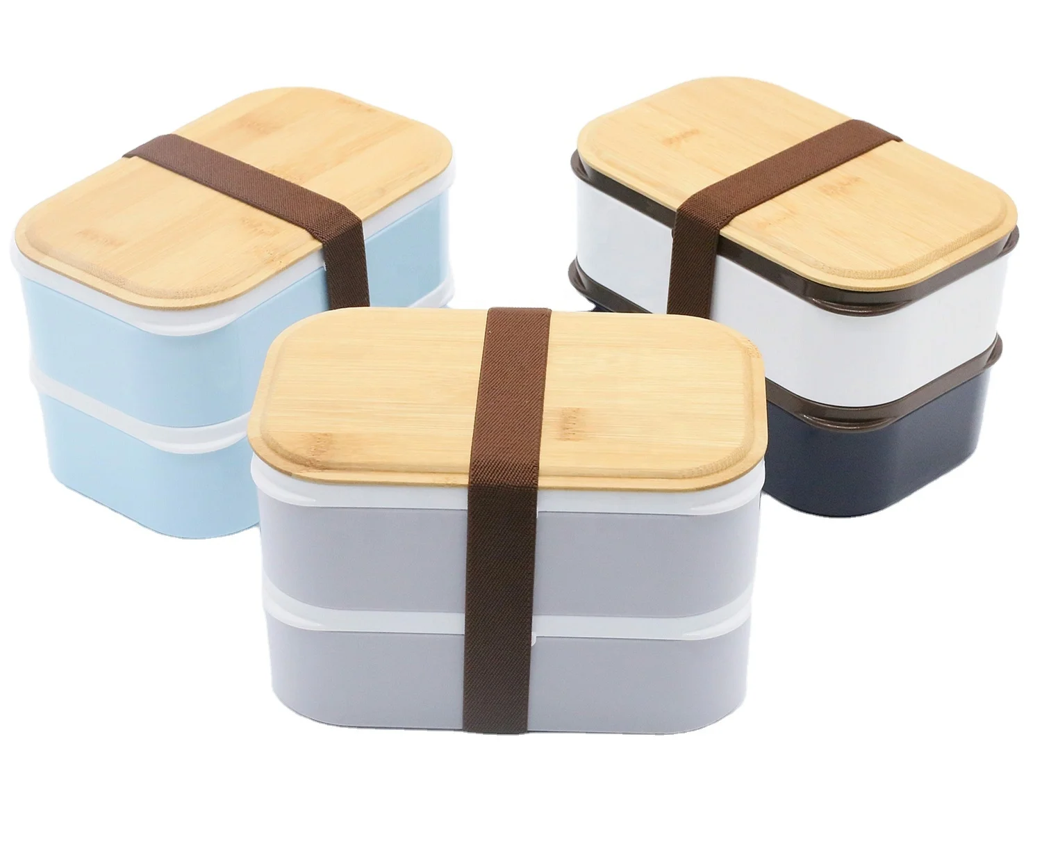 

Sample Avaliable 2021 BPA free 2 Tier Bamboo Bento Kids Heated Food Warmer PP Leak-Proof Lunch Box with Bamboo Lid with Divider, White/light blue/light grey/brown