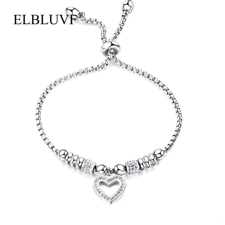 

ELBLUVF 2019 New Arrive Hollow Zircon Heart Shape Beads Chain Women Bracelet Jewelry, Steel color , rose gold