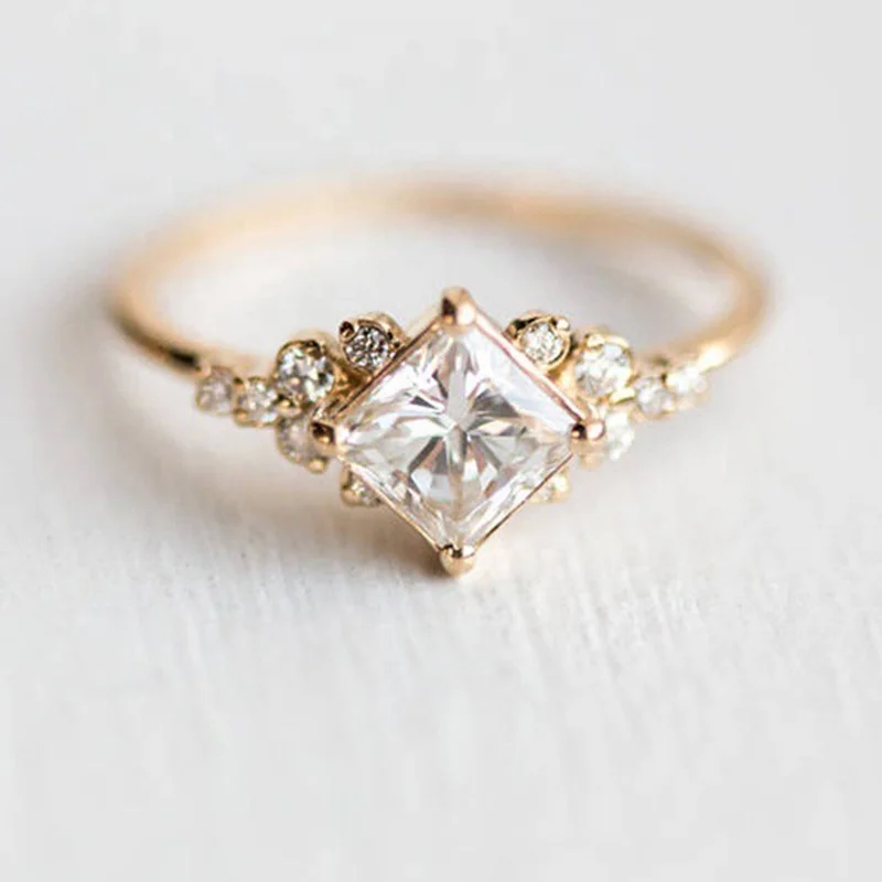 

Zircon Engagement Wedding Ring with Square Diamonds, Gold
